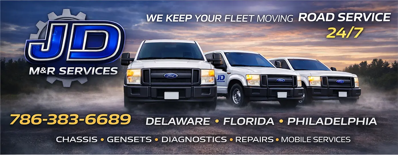 JD M&R Services — We keep your fleet moving · Road Service 24/7 · Delaware · Florida · Philadelphia · 786-383-6689